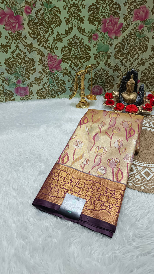 Wine Tulika golden bridal tissue Vegan kanchi saree