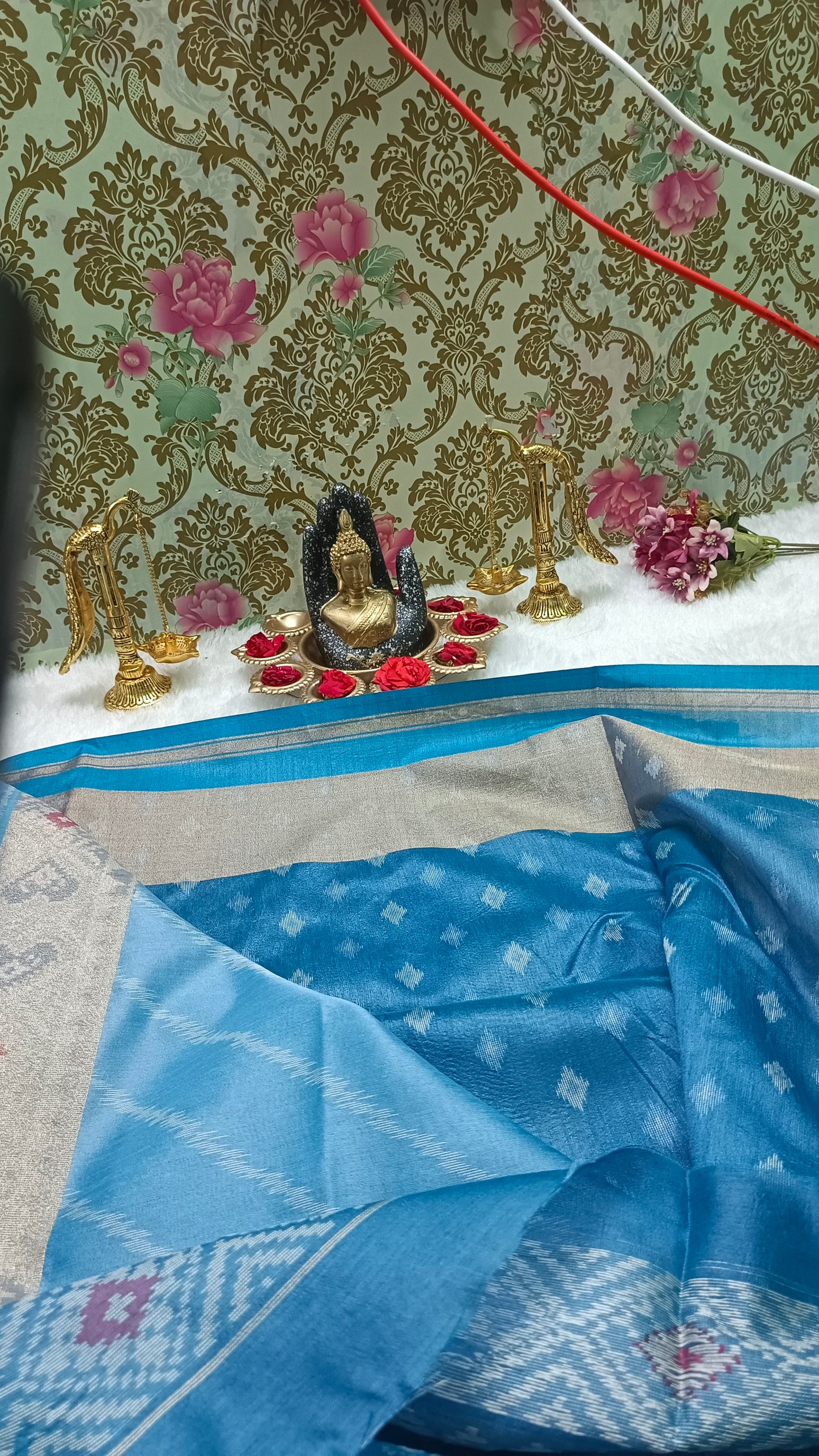 Blue Leheriya Handweave Ikkat Vegan silk Cotton Saree HA25435