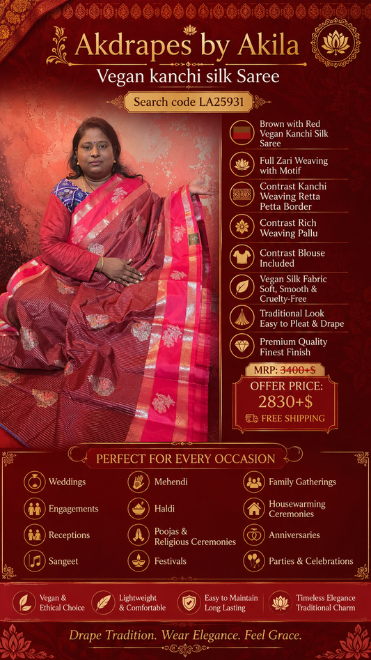 Brown with red Parijatham Vegan premium kanchi brocade silk saree LA25931