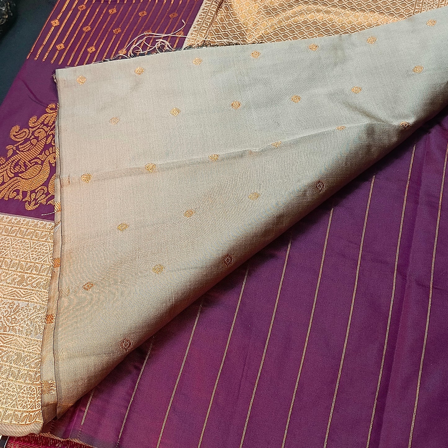 Dark purple beige Maragatha Muhurtham Vegan Kanchi Silk Saree MA25110