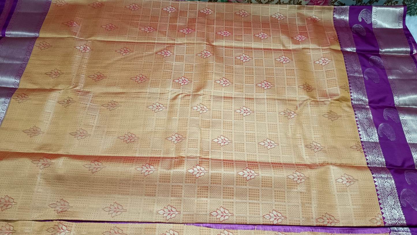 Yellow with majenta Parijatham Vegan premium kanchi brocade silk saree LA25932