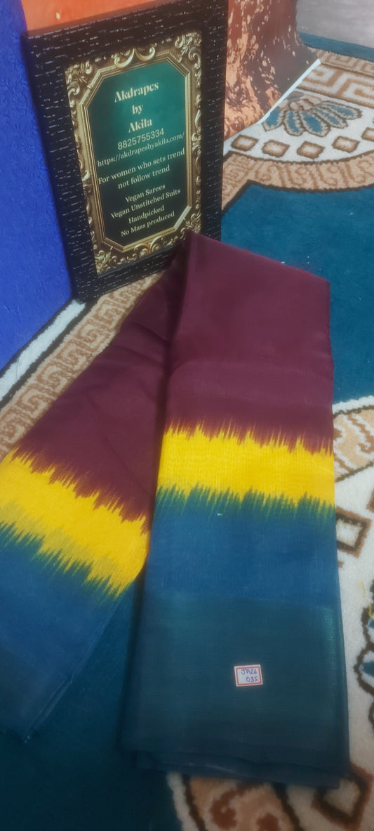 Wine Tricolor vegan linen zari border saree JA26035