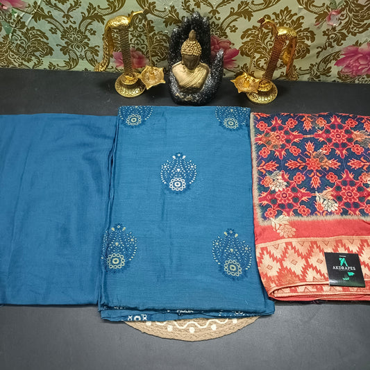 Peacock blue ted embroidery Vegan chinnon Unstitched suits HA25394