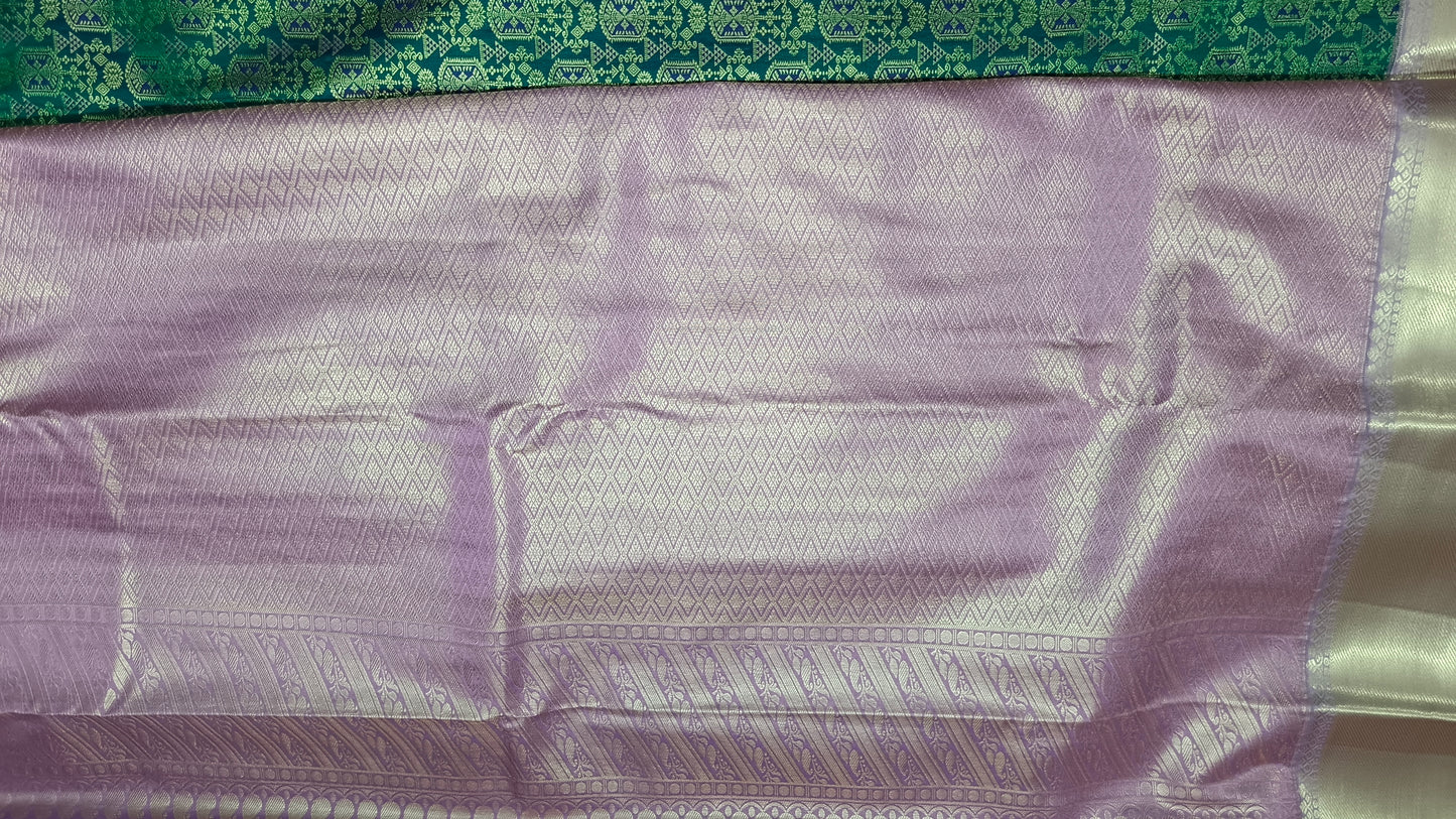 Green with Pastel Purple Aishwariyam Vegan Kanchi Brocade silk saree LA25946