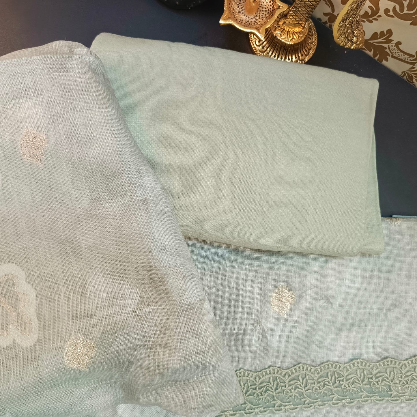 Mint Green Linen Jamdhani Cutwork vegan Unstitched Suit PA25066