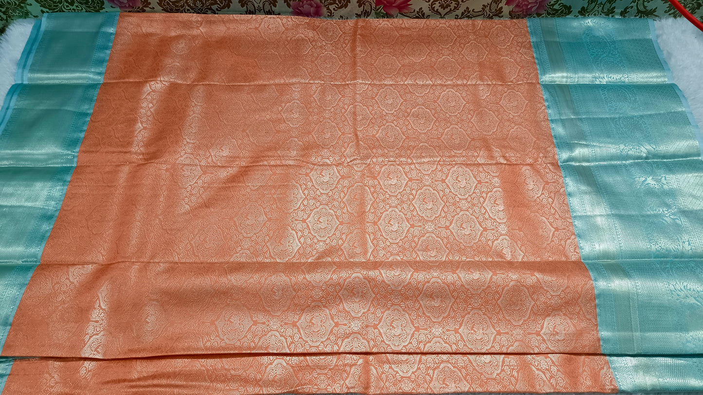 Peach with pastel green Aishwariyam vegan kanchi brocade silk saree LA25949
