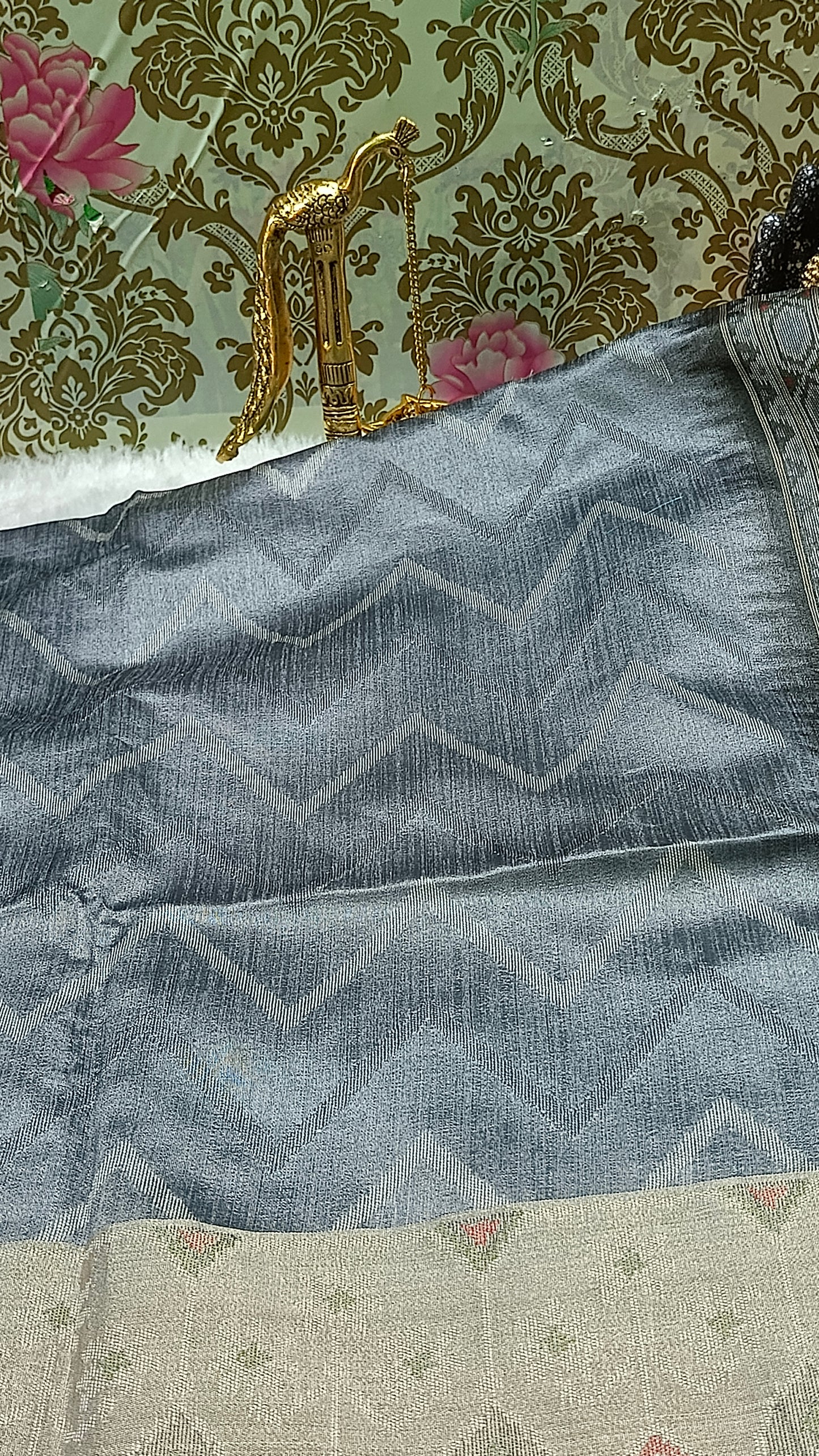 Grey with Black Zigzag Handweave Ikkat Vegan Silk Cotton Saree HA25430