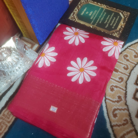 Pink vegan linen sunflower weaving border saree JA26059