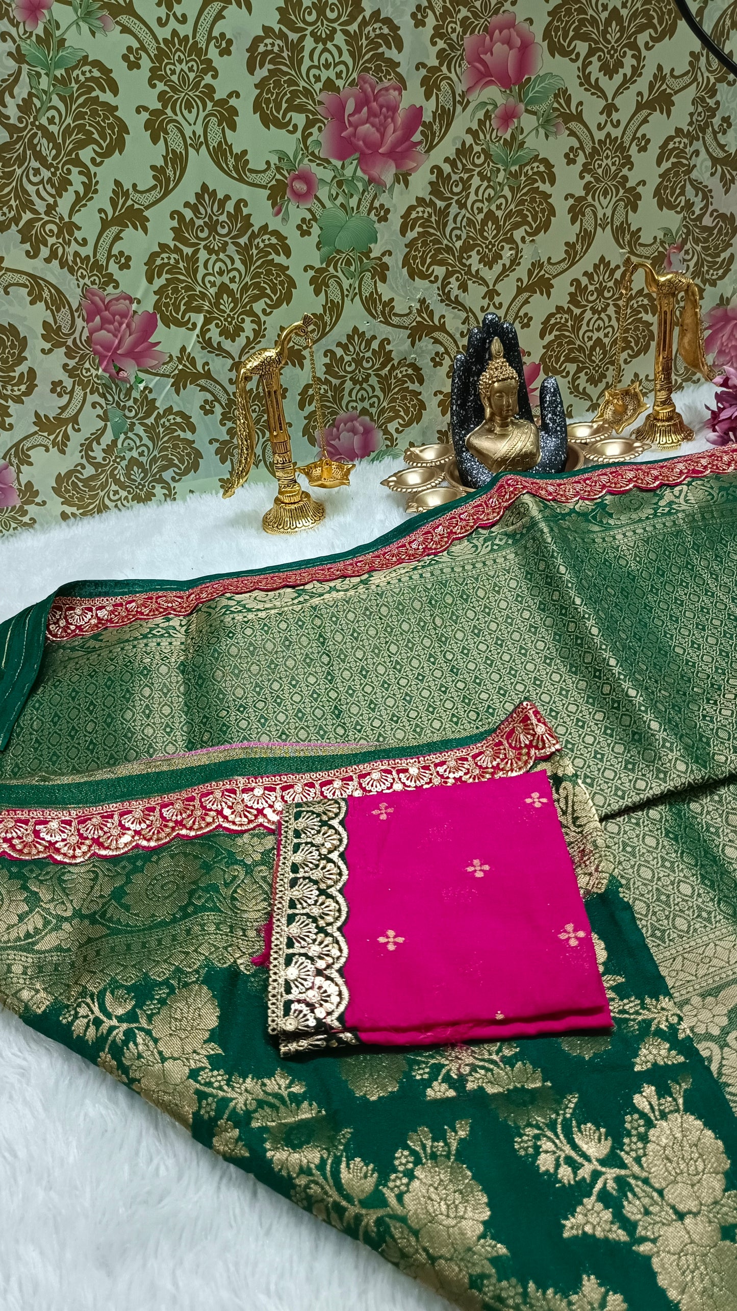 Dark green with pink Royal banarasi vegan kaddi georgette saree JA25328