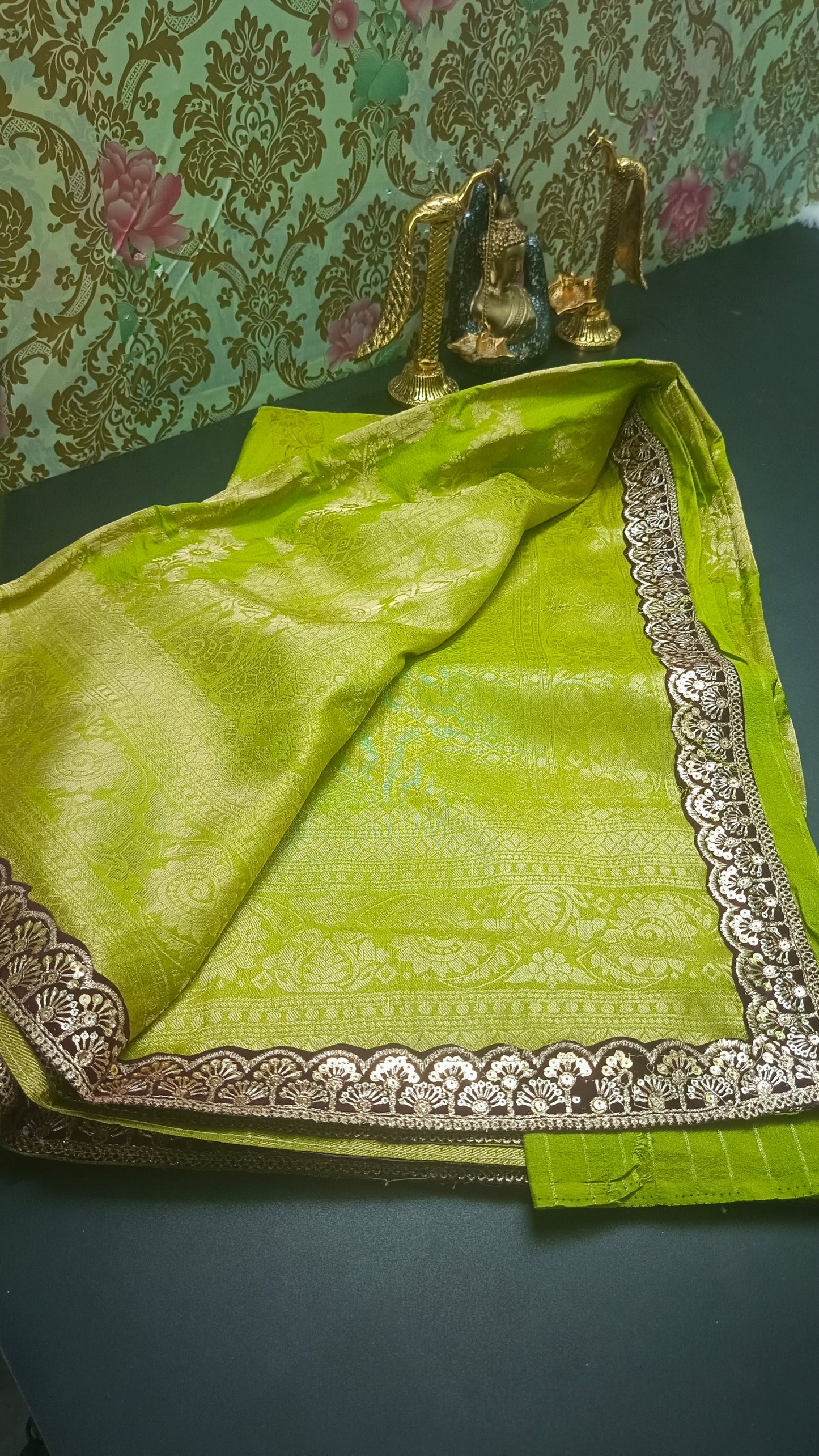 Lime green with violet Royal banarasi vegan kaddi georgette saree JA25331