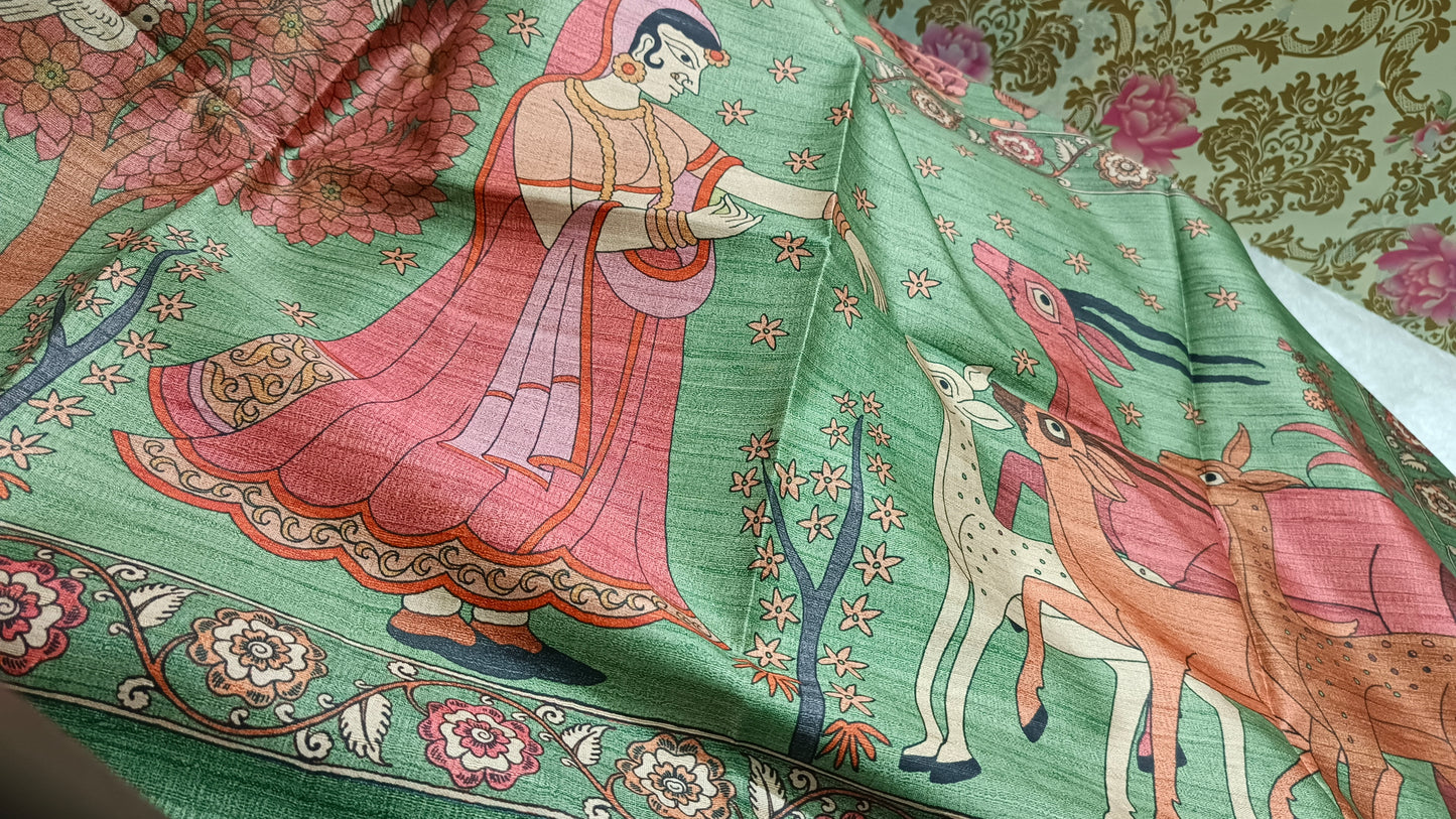 Green Ritika digital printed kalamkari vegan tussar saree SA25699