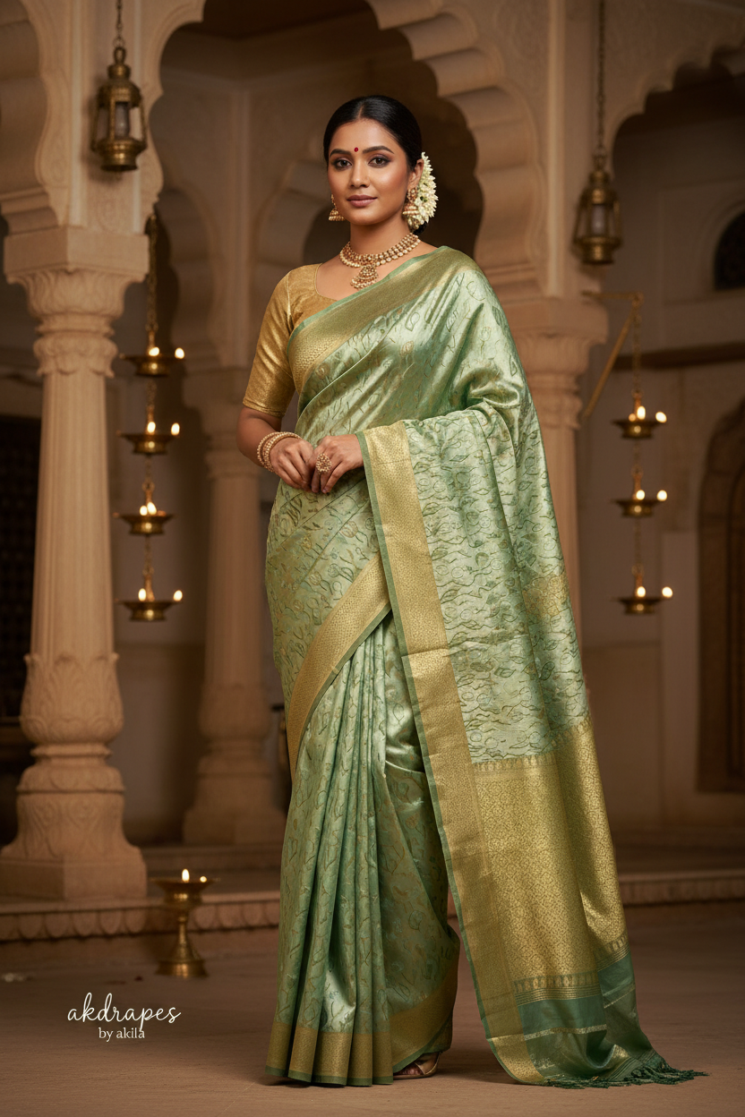 Green Tulika golden bridal tissue Vegan kanchi saree JA25289