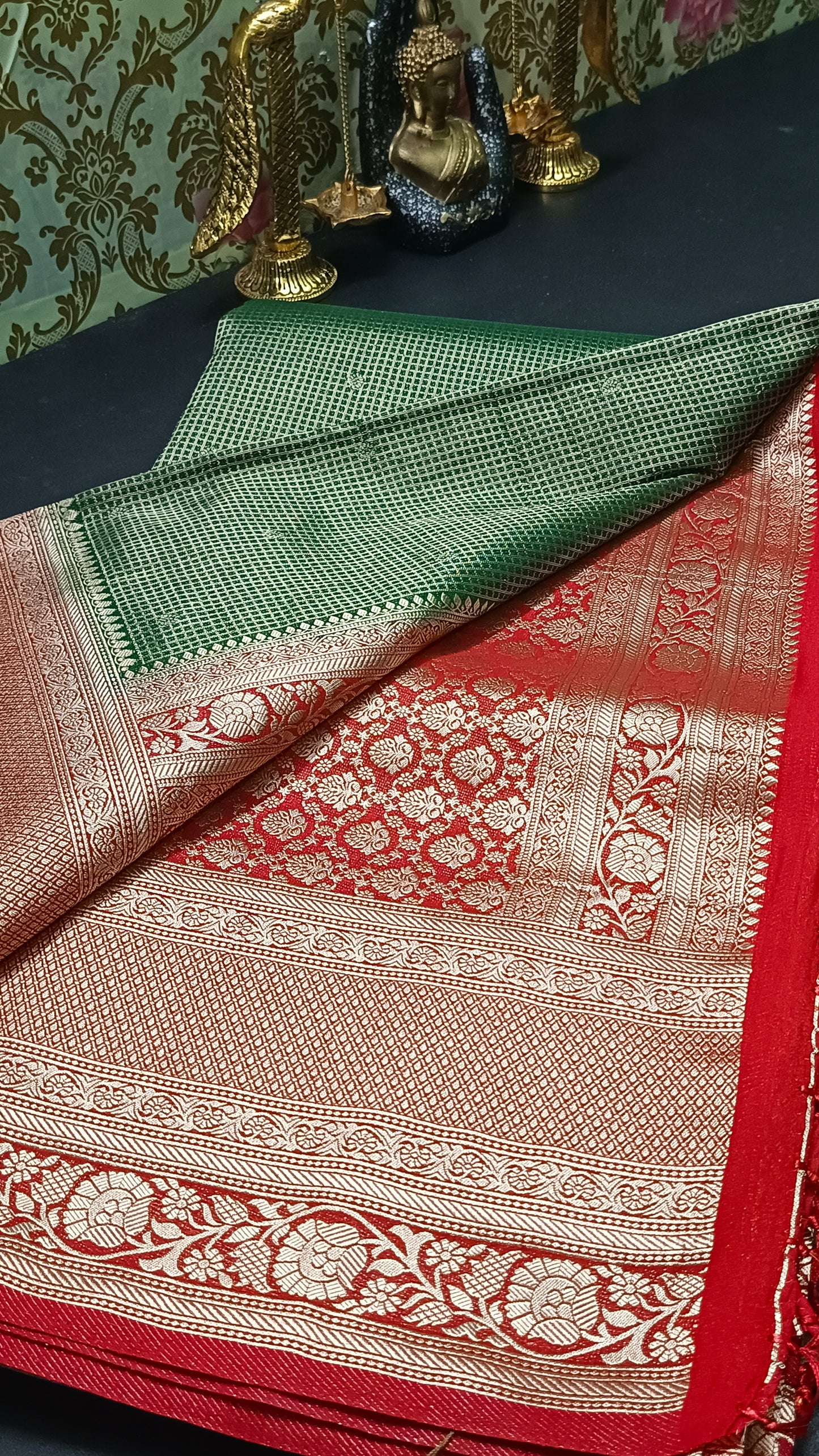 Dark green Zari tara vegan banarasi kaddi georgette saree MA25254
