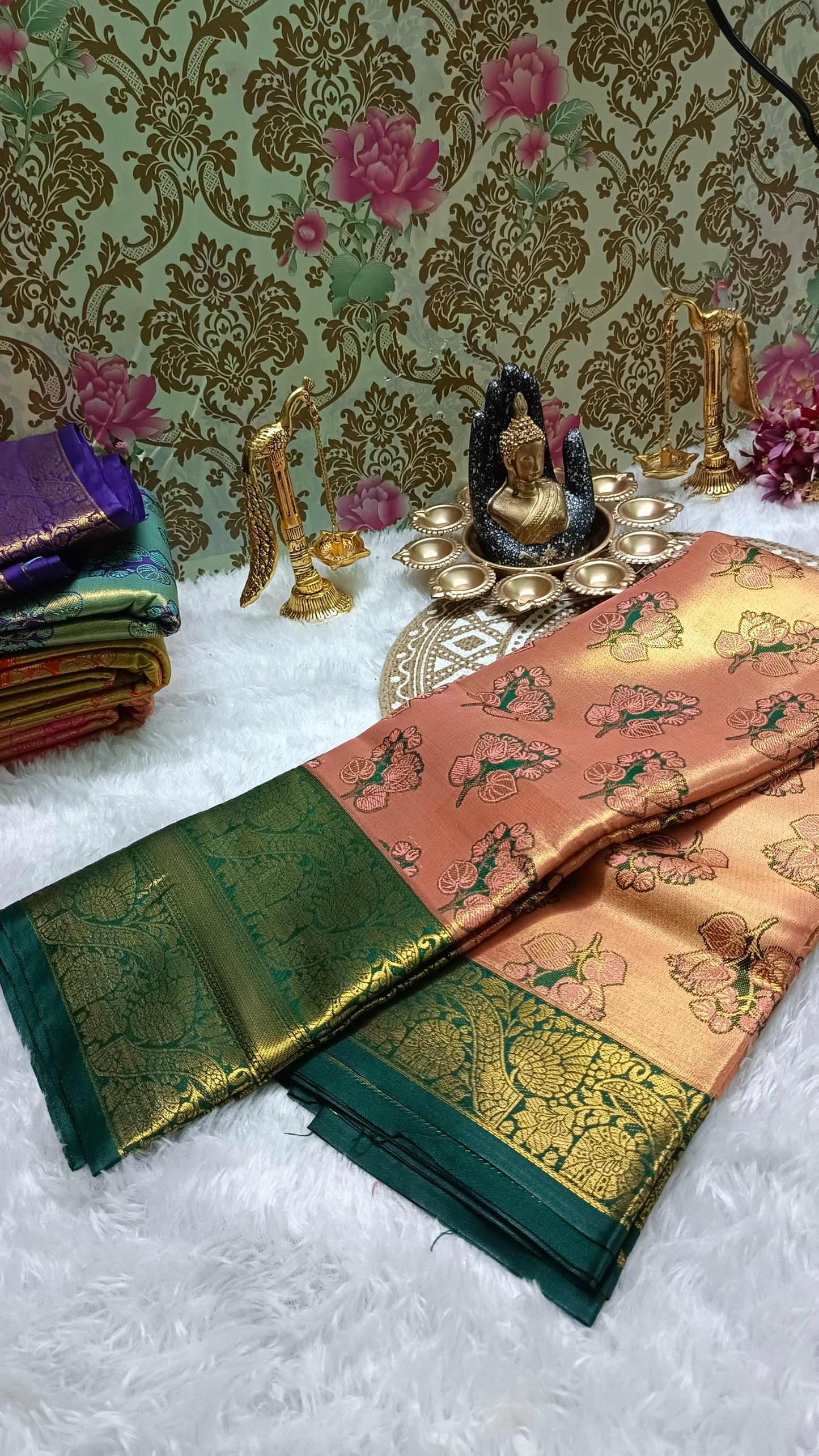 Peach with Green Mangala Pushpam Vegan Kanchi tissue saree JA25295