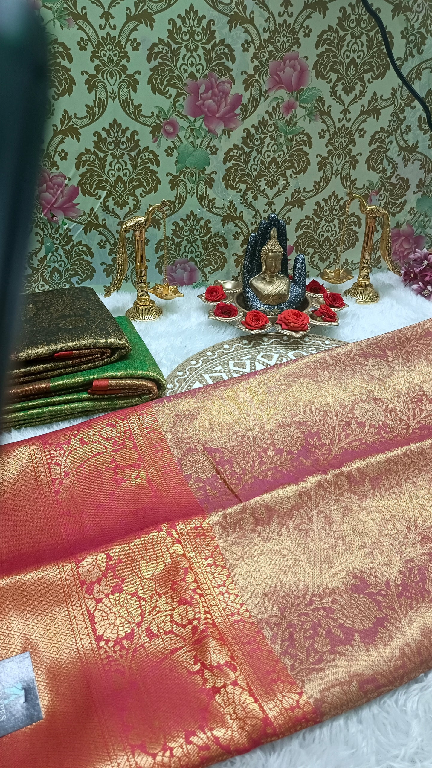 Pink with red Ratna Vastra vegan kanchi tissue silk saree MA25081