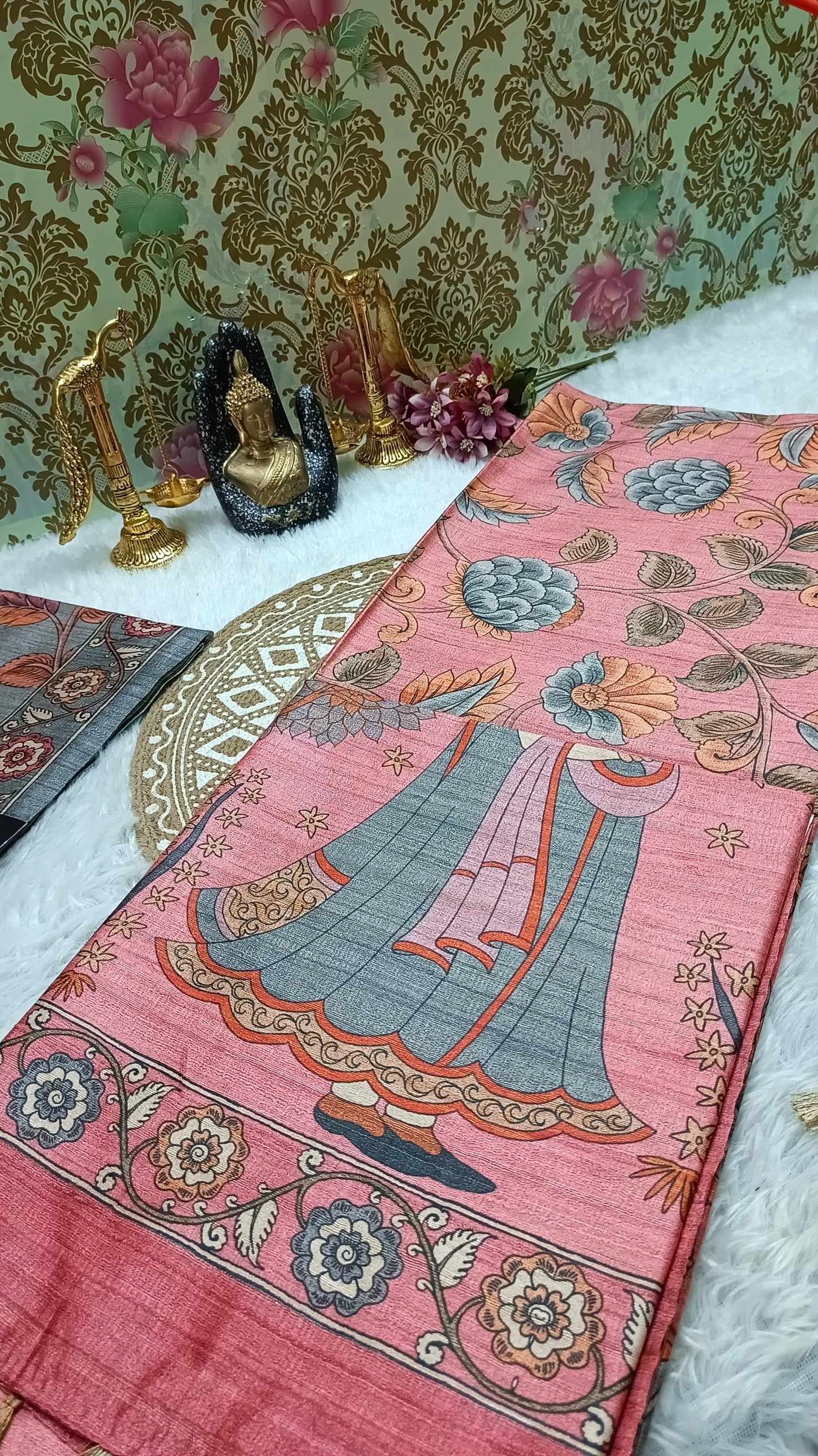 Rust orange Ritika digital printed kalamkari vegan tussar saree SA25698