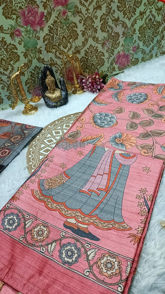Rust orange Ritika digital printed kalamkari vegan tussar saree SA25698