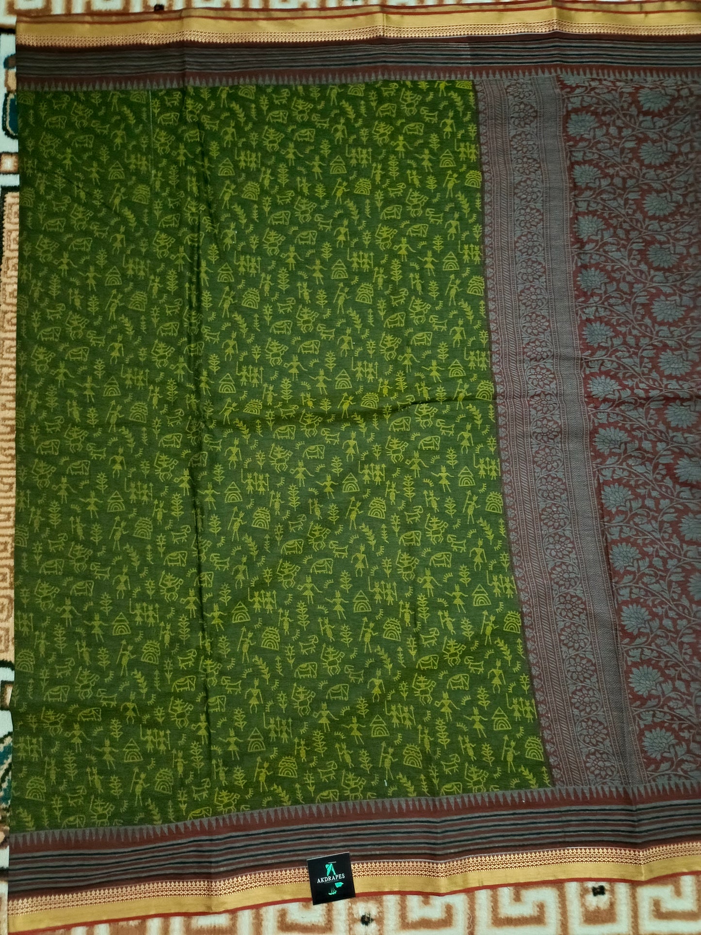 Green Warli kala Vegan Muslin cotton saree HA25481