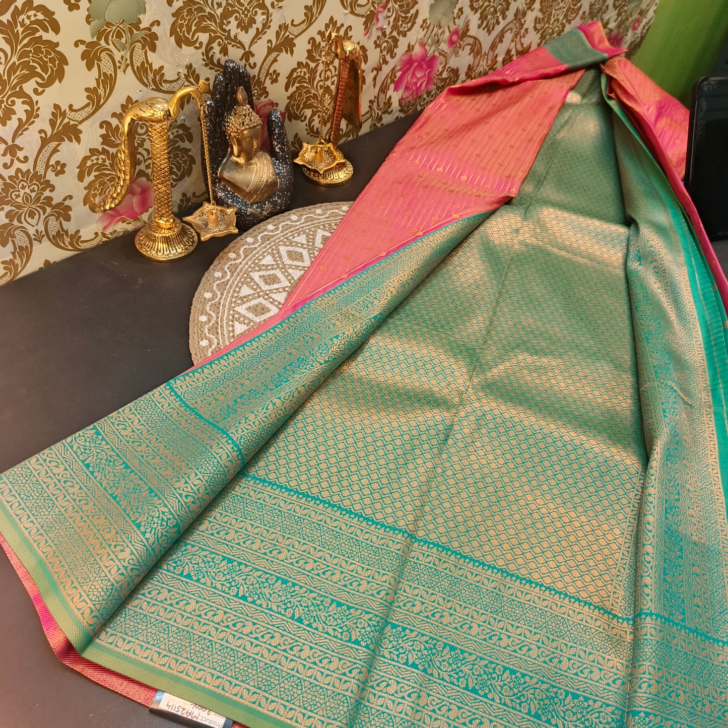 Onion Pink Seagreen Maragatha Muhurtham Vegan Kanchi Silk Saree MA25114