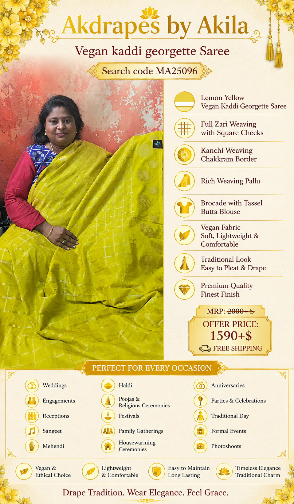 Lemon Yellow Sudar Chakkram vegan kaddi georgette saree MA25096