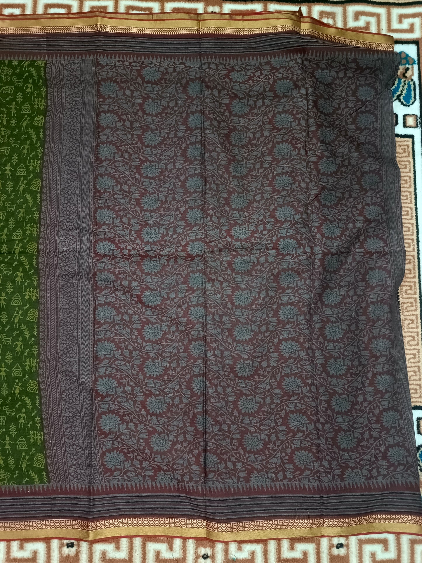 Green Warli kala Vegan Muslin cotton saree HA25481