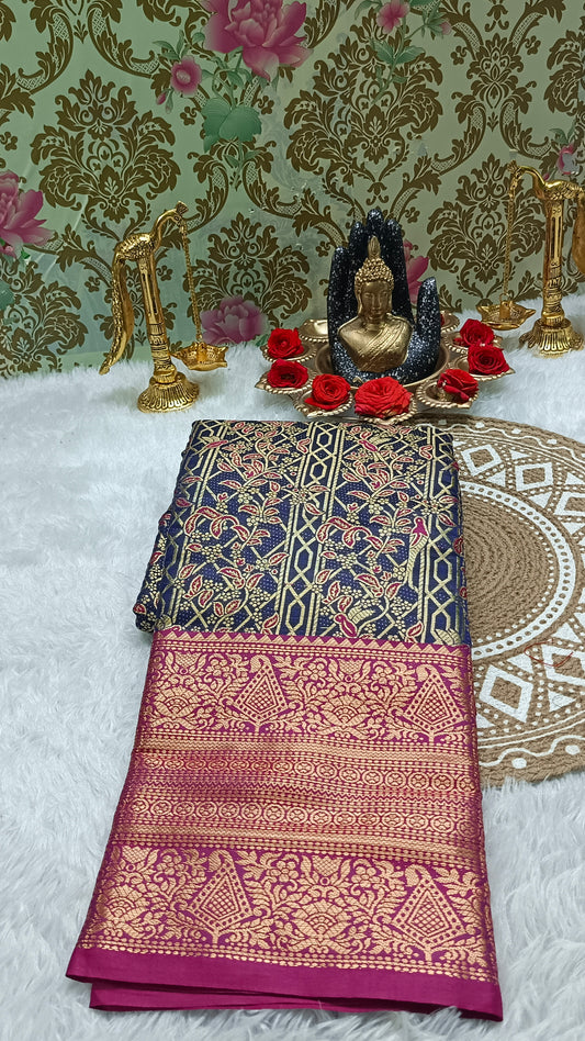 Navy blue with pink Raj Nandhini Vegan Kanchi Silk Saree JA25284