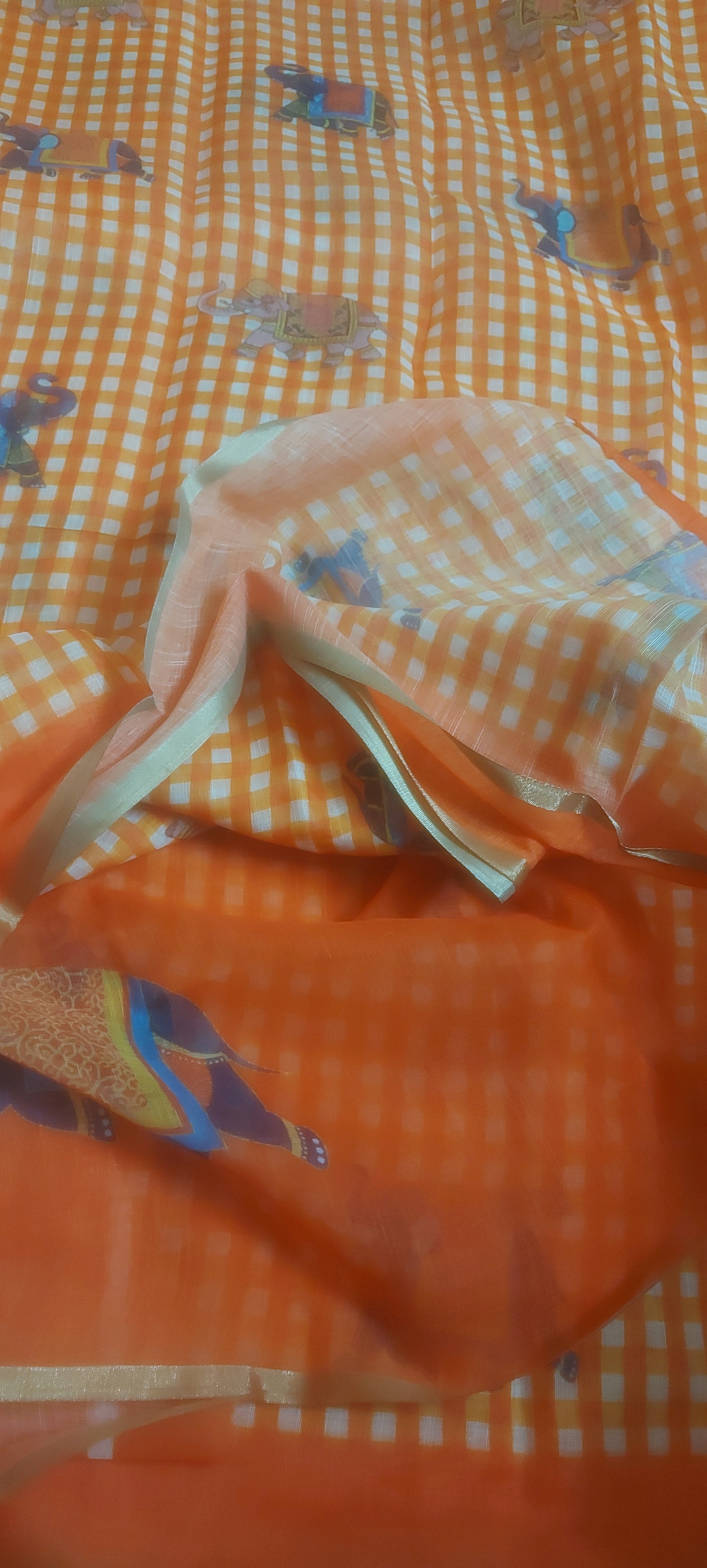 Orange Gingnam checks elephant vegan linen saree JA26012