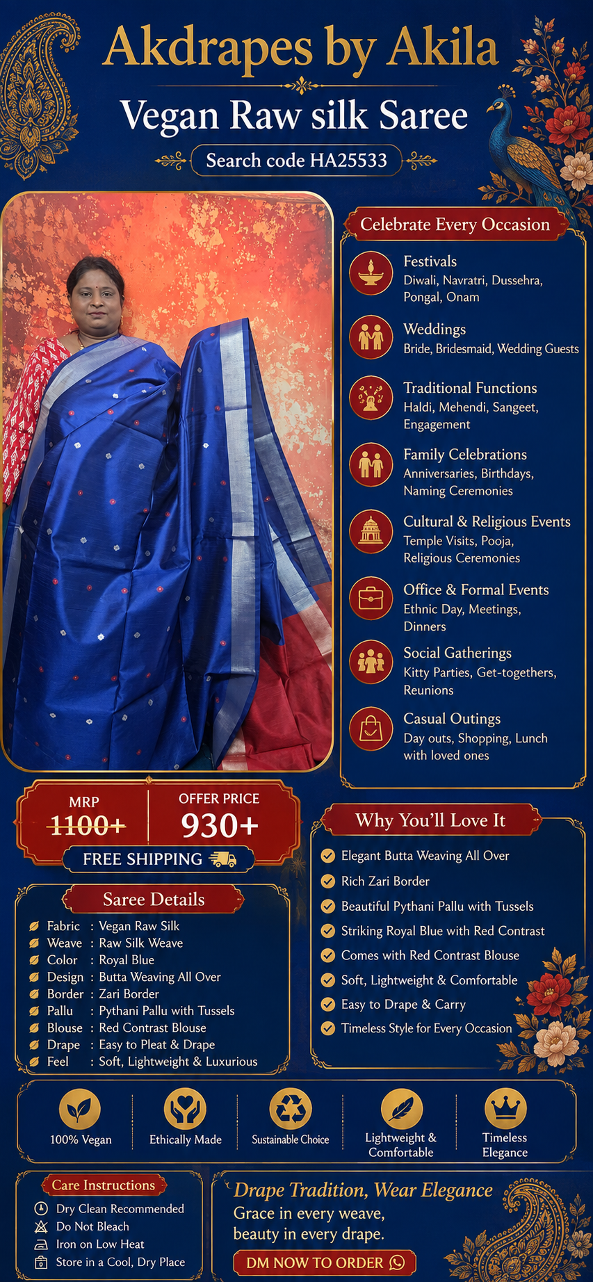 Royal Blue Pythani Vegan Raw Silk Saree HA25533