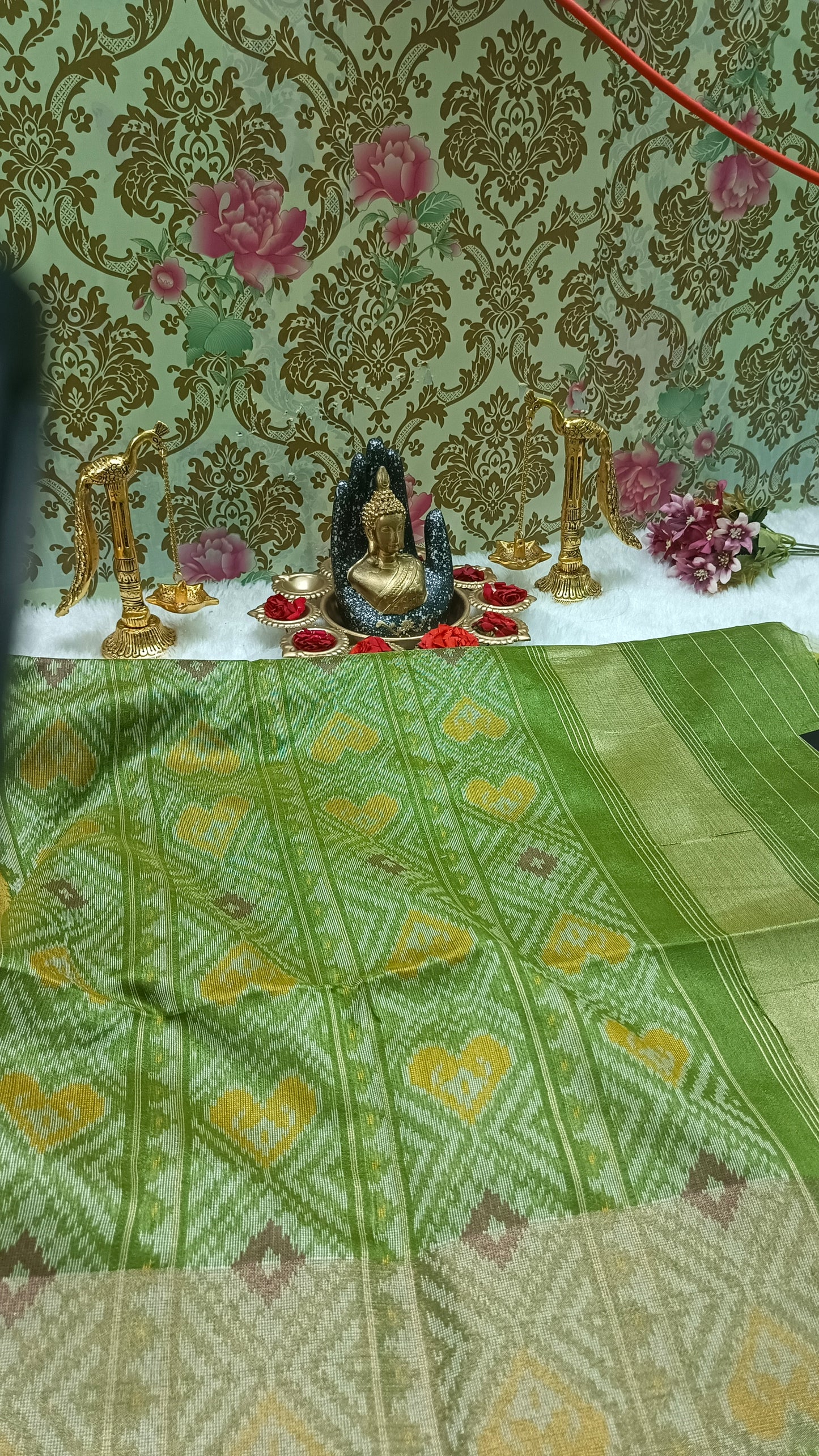 Yellow with Green Leheriya Handweave ikkat Vegan silk cotton saree HA25434