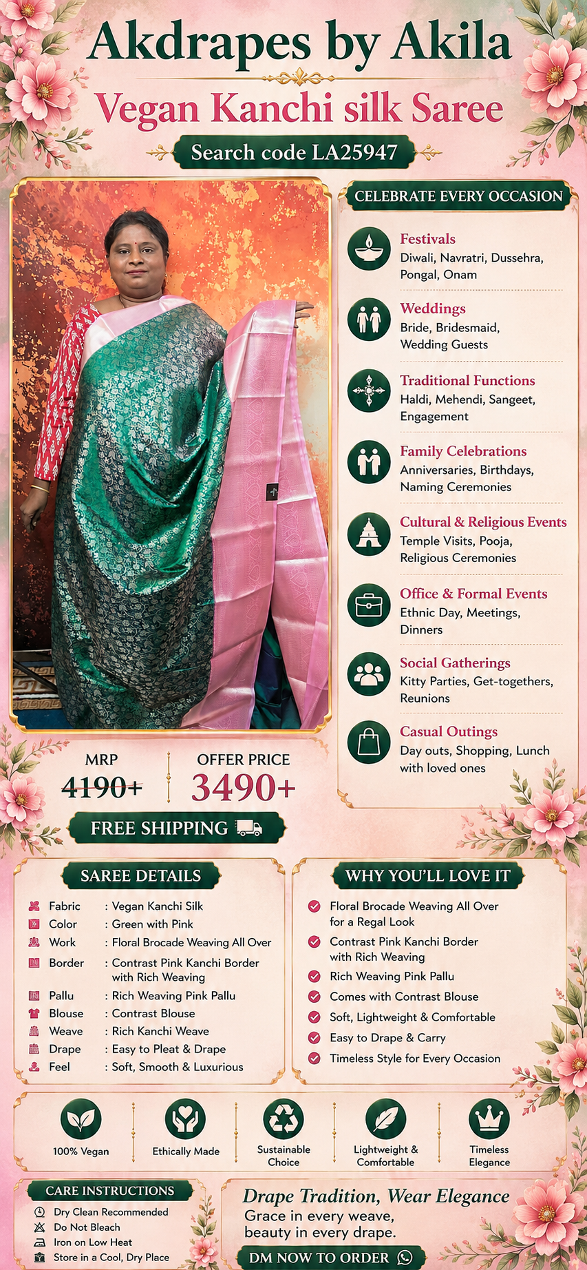 Green with Pastel Pink Aishwariyam Vegan Kanchi Brocade silk saree LA25947