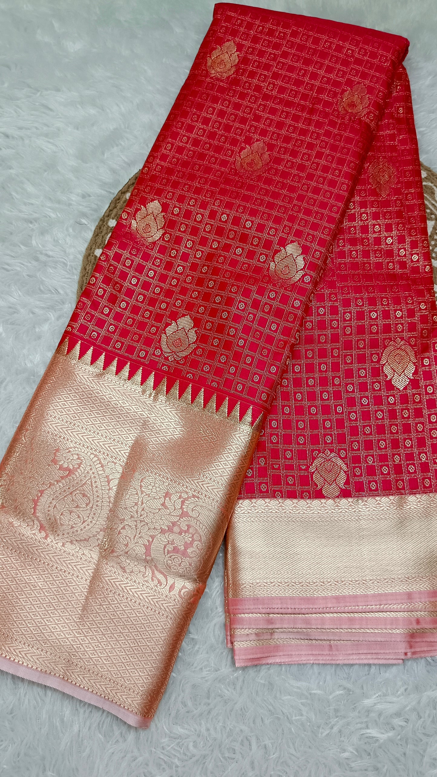 Chilli Red with pastel peach Parijatham Vegan premium kanchi brocade silk saree LA25930
