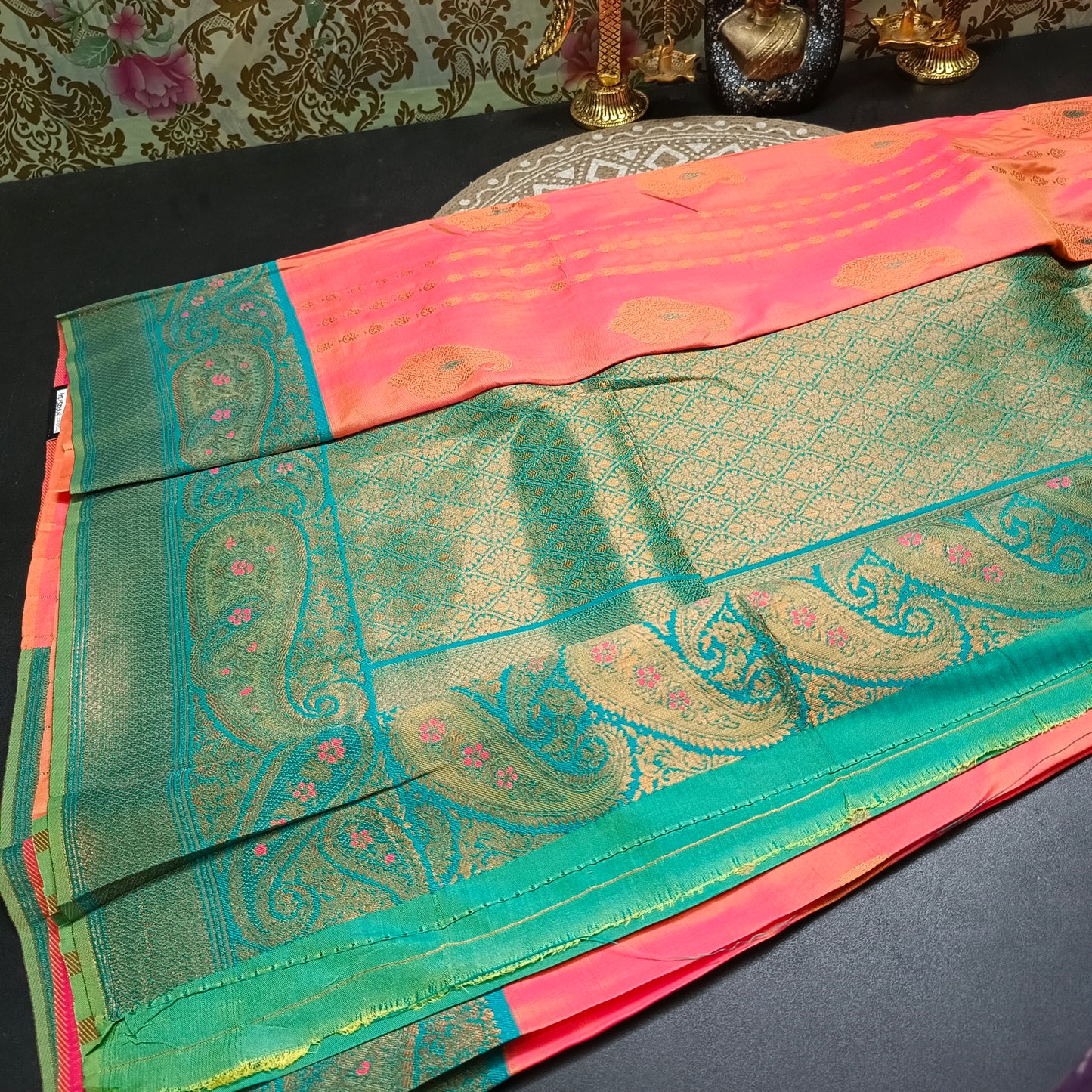 Peach seagreen Pavazha Pattu vegan Kanchi silk saree MA25134
