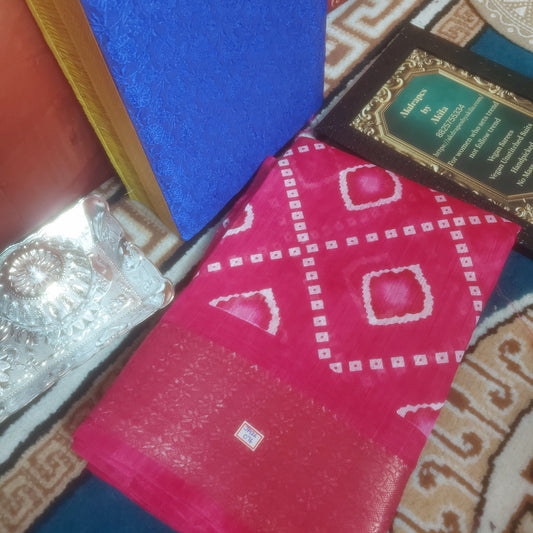 Pink vegan bandhini linen weaving border saree JA26076