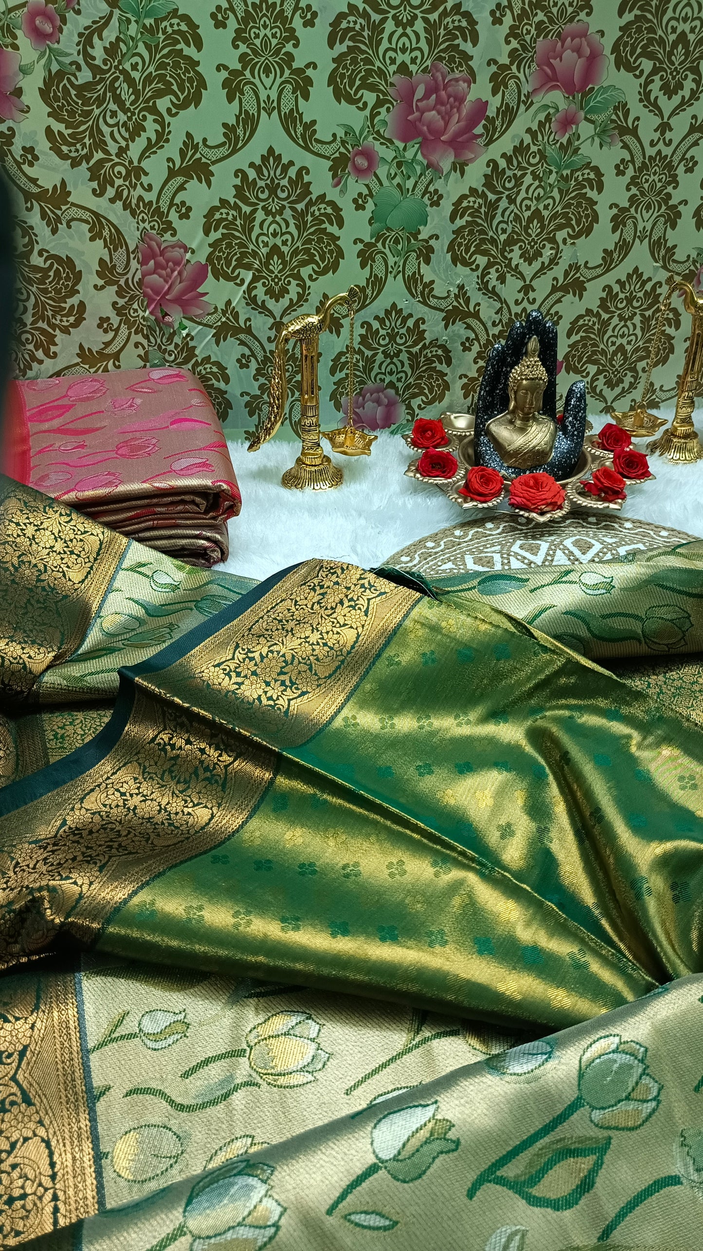 Green Tulika golden bridal tissue Vegan kanchi saree