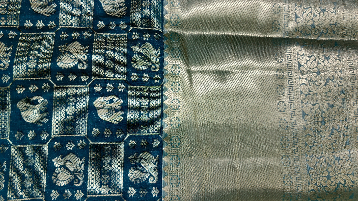 Peacock blue Parijatham Vegan premium kanchi brocade silk saree LA25920