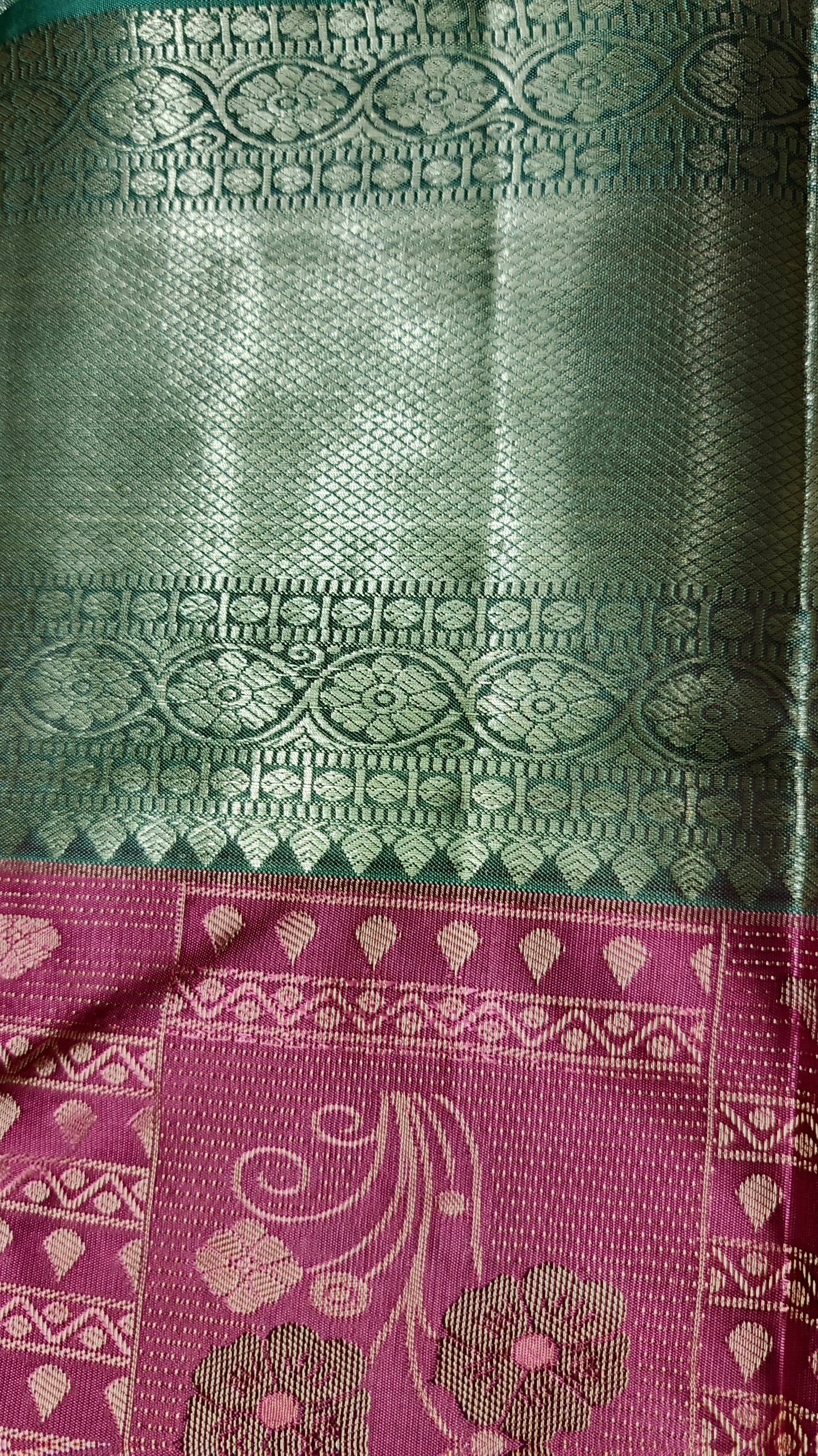 onion pink with pastel green Parijatham Vegan premium kanchi brocade silk saree LA25926
