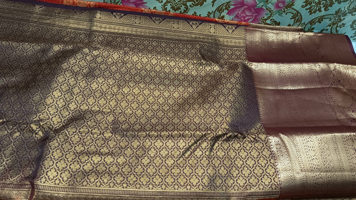 Rust Orange with coffee brown Parijatham Vegan premium kanchi brocade silk saree LA25924