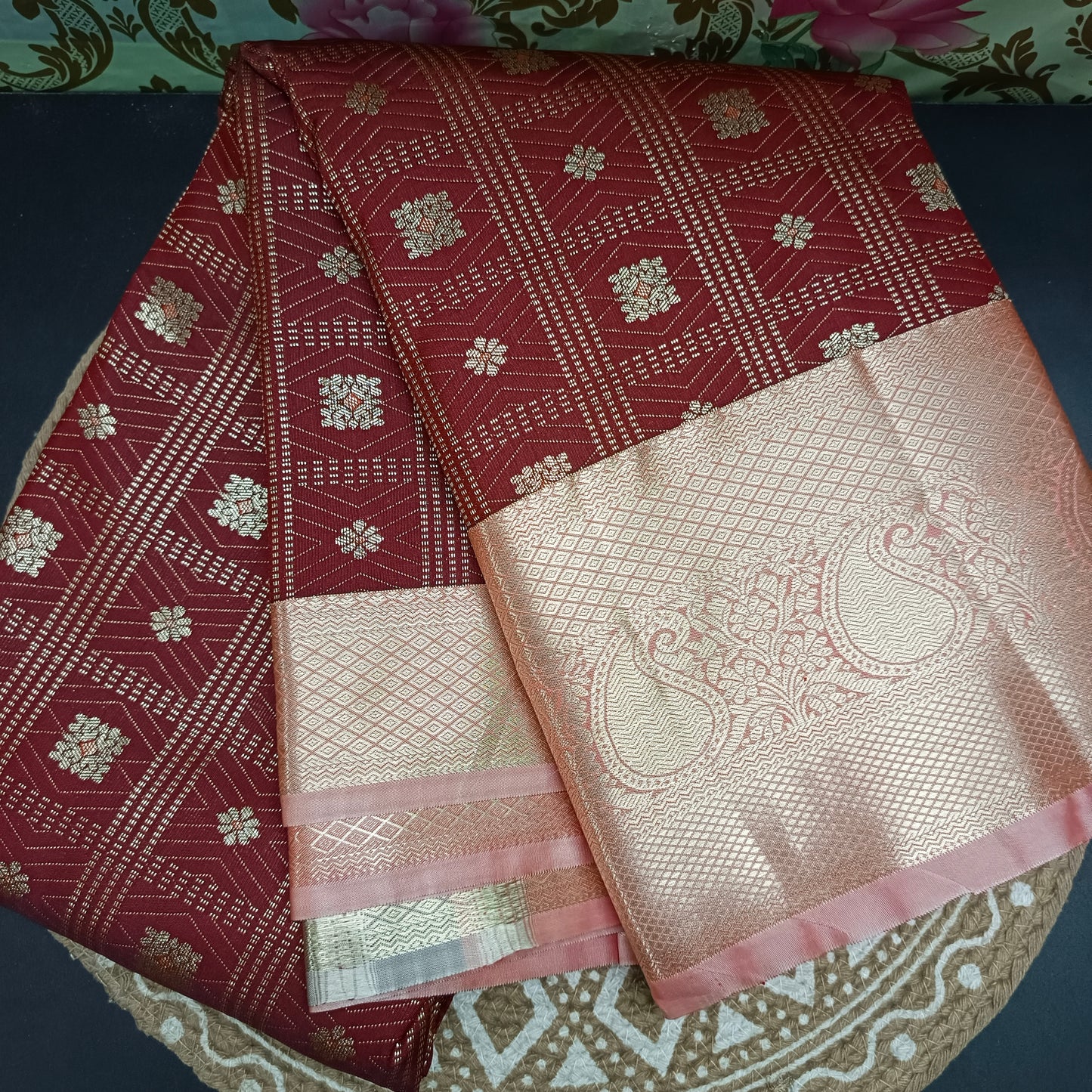 Maroon with pastel peach Parijatham Vegan premium kanchi brocade silk saree LA25929