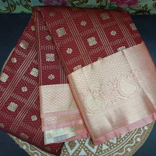 Maroon with pastel peach Parijatham Vegan premium kanchi brocade silk saree LA25929