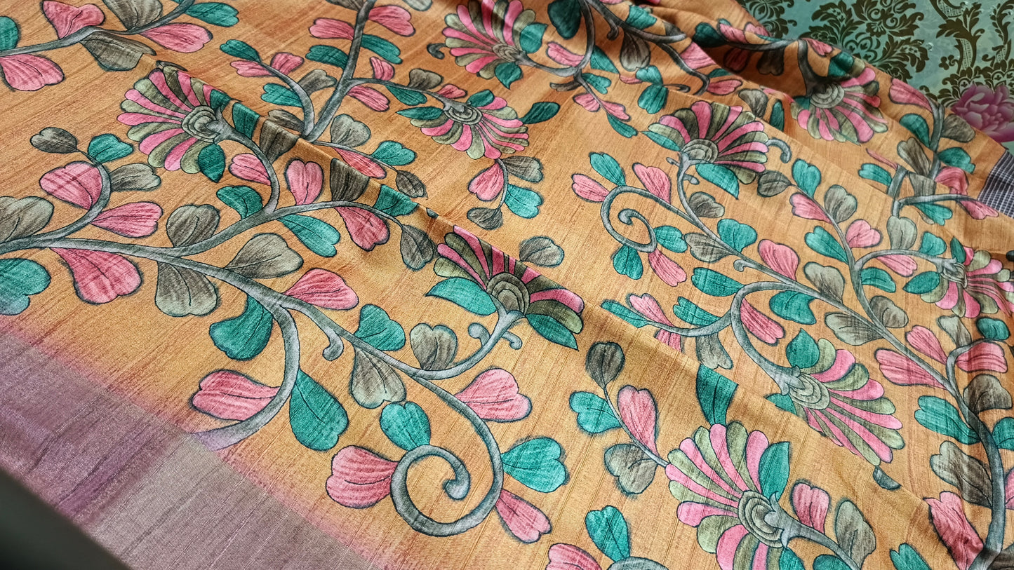 Rust orange khushboo digital printed kalamkari vegan tussar saree SA25693