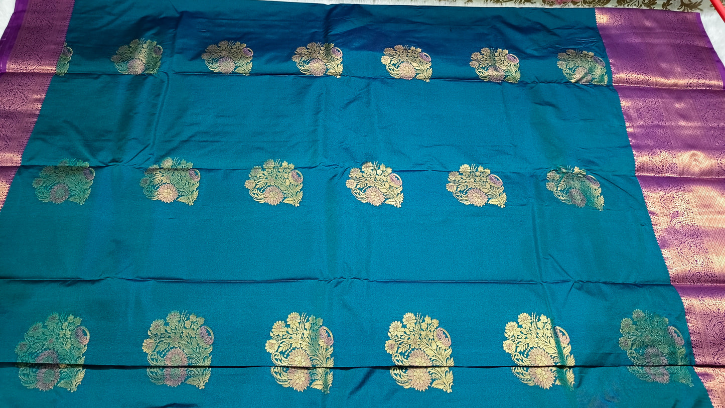 Peacock blue with violet Varnajalam vegan premium kanchi silk saree LA25919