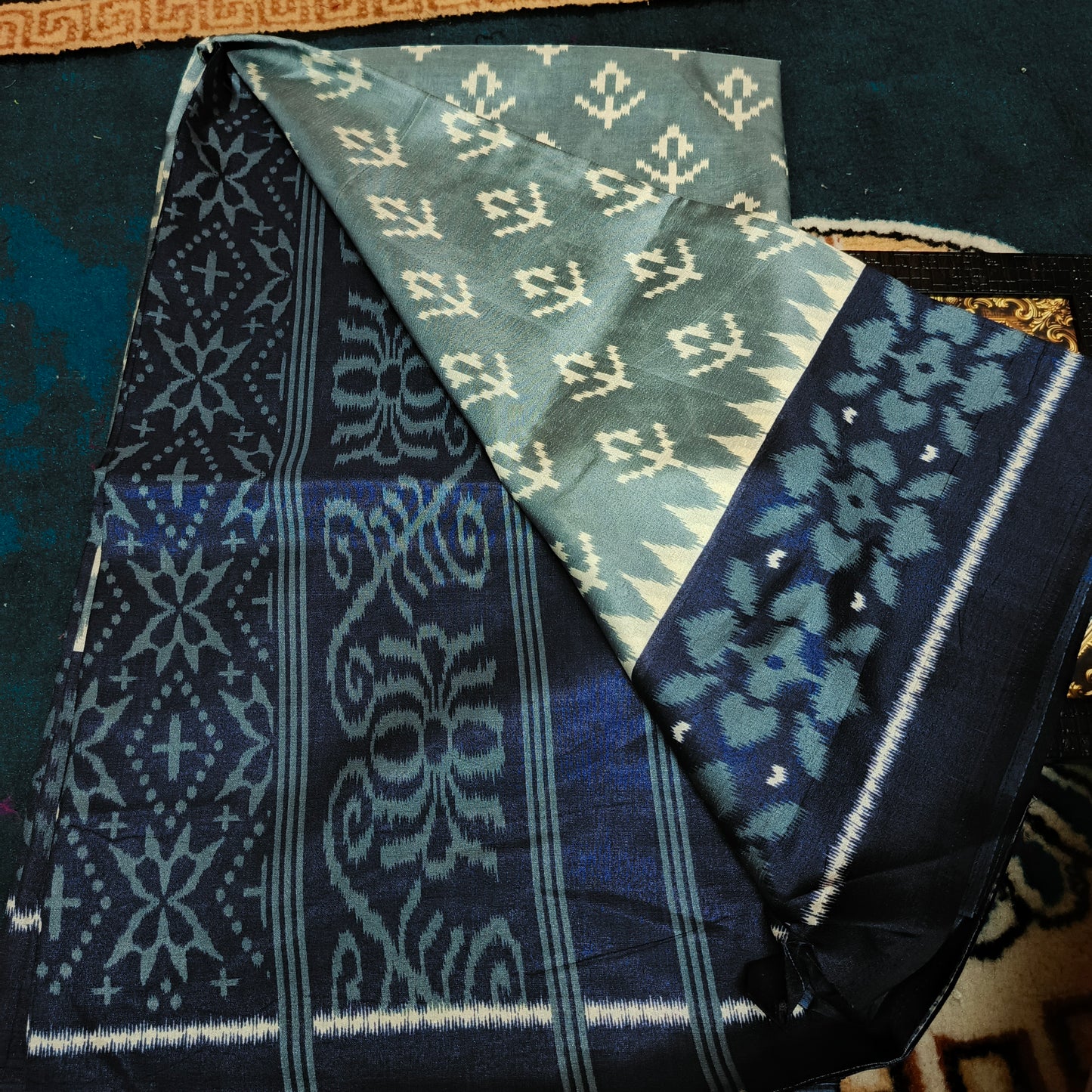 Blue Vriddhi silk vol 3 Ikkat vegan tussar crepe digital saree SA25643