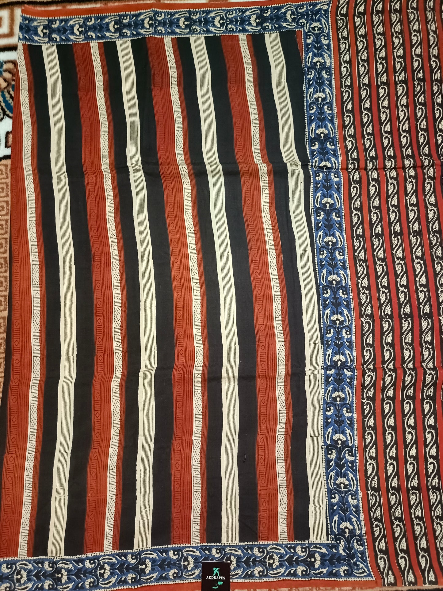 Red Black Vegan assam silk cotton bagru printed saree HA25534
