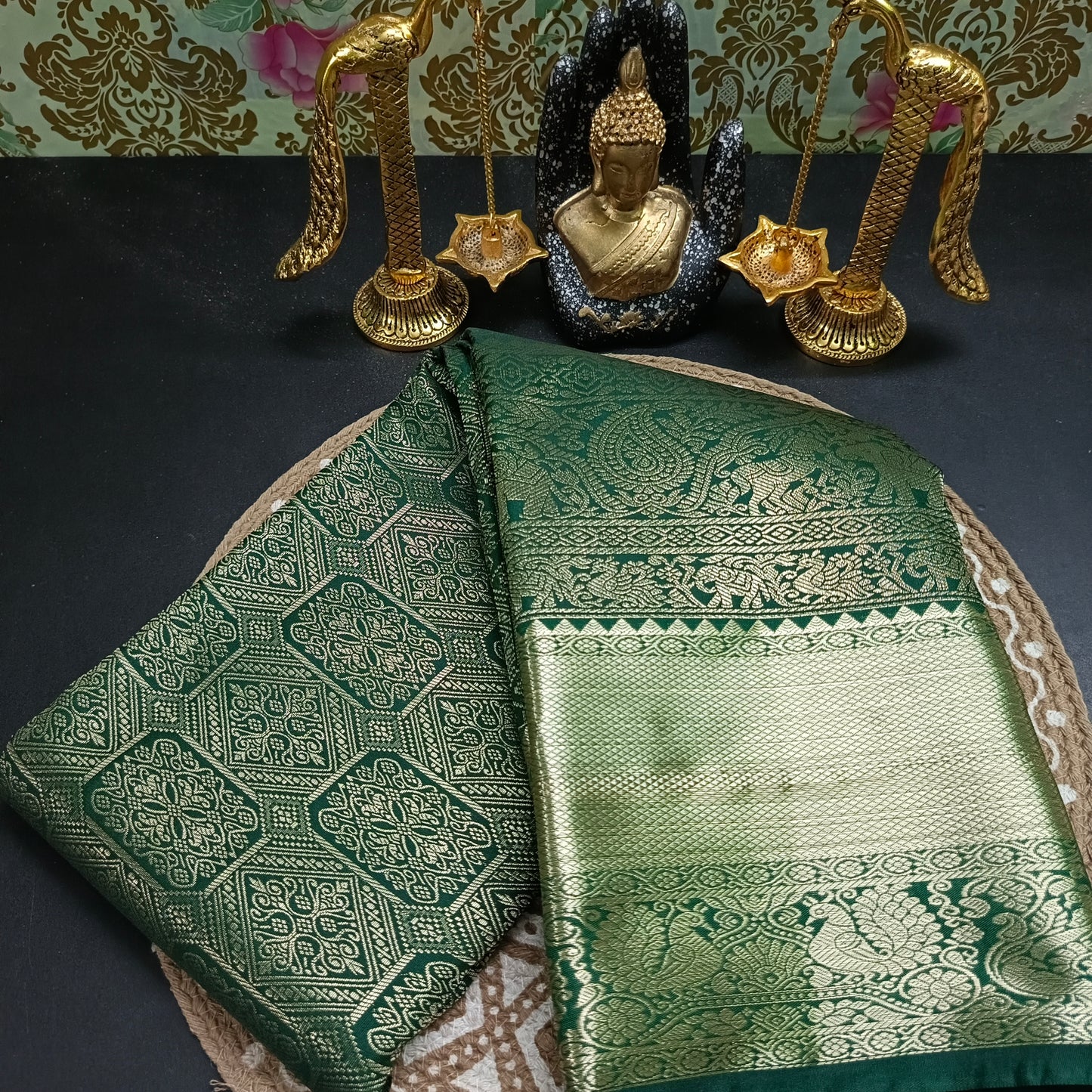 Bottle green Ashwa Gaja vegan bridal kanchi silk saree LA25953