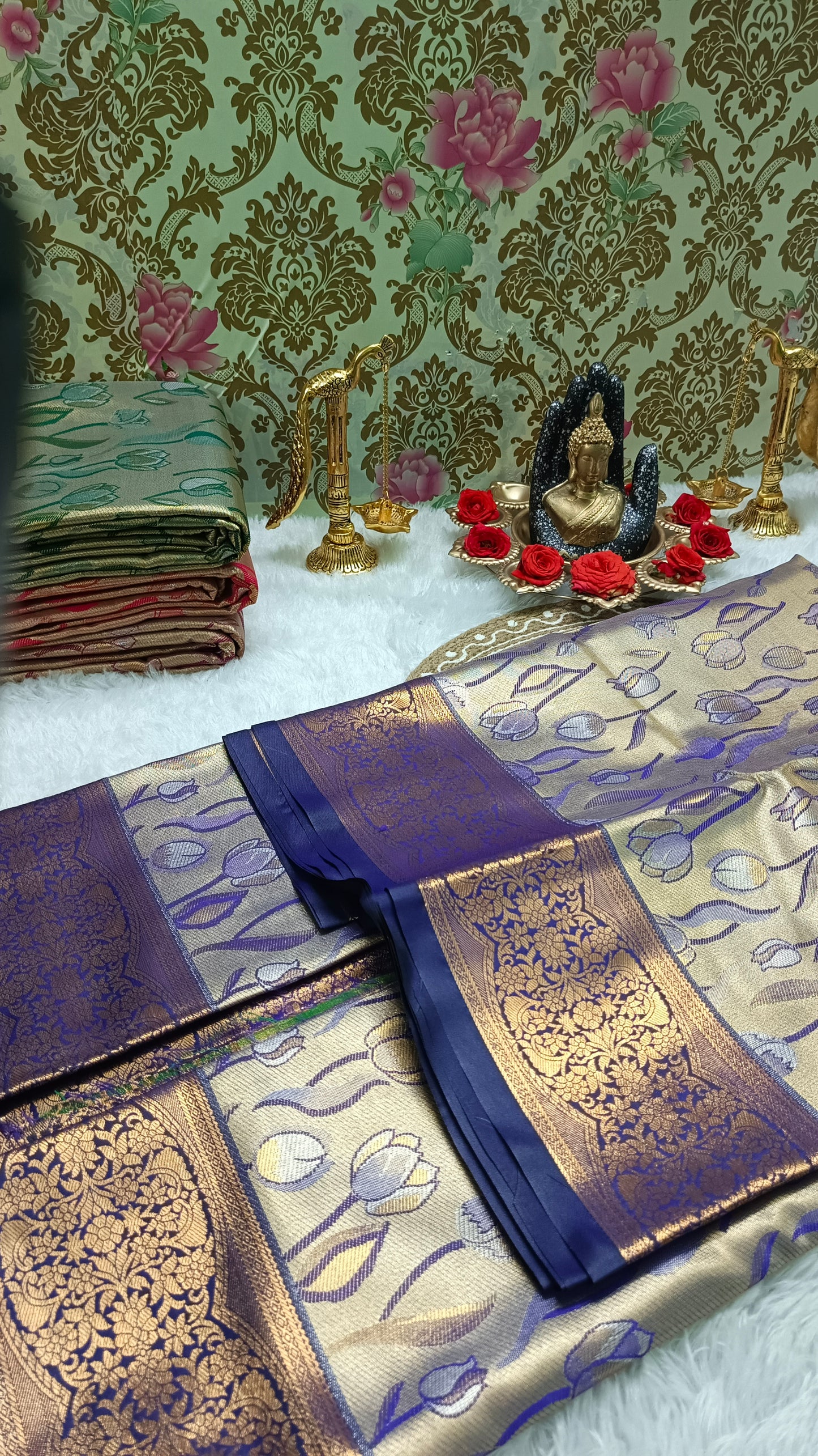 Blue Tulika golden bridal tissue Vegan kanchi saree