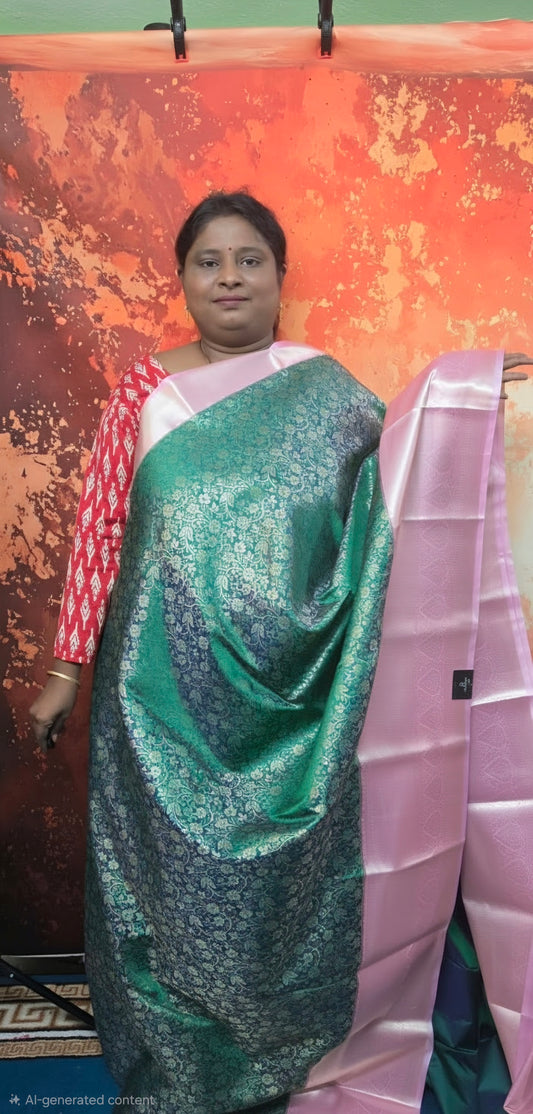 Green with Pastel Pink Aishwariyam Vegan Kanchi Brocade silk saree LA25947