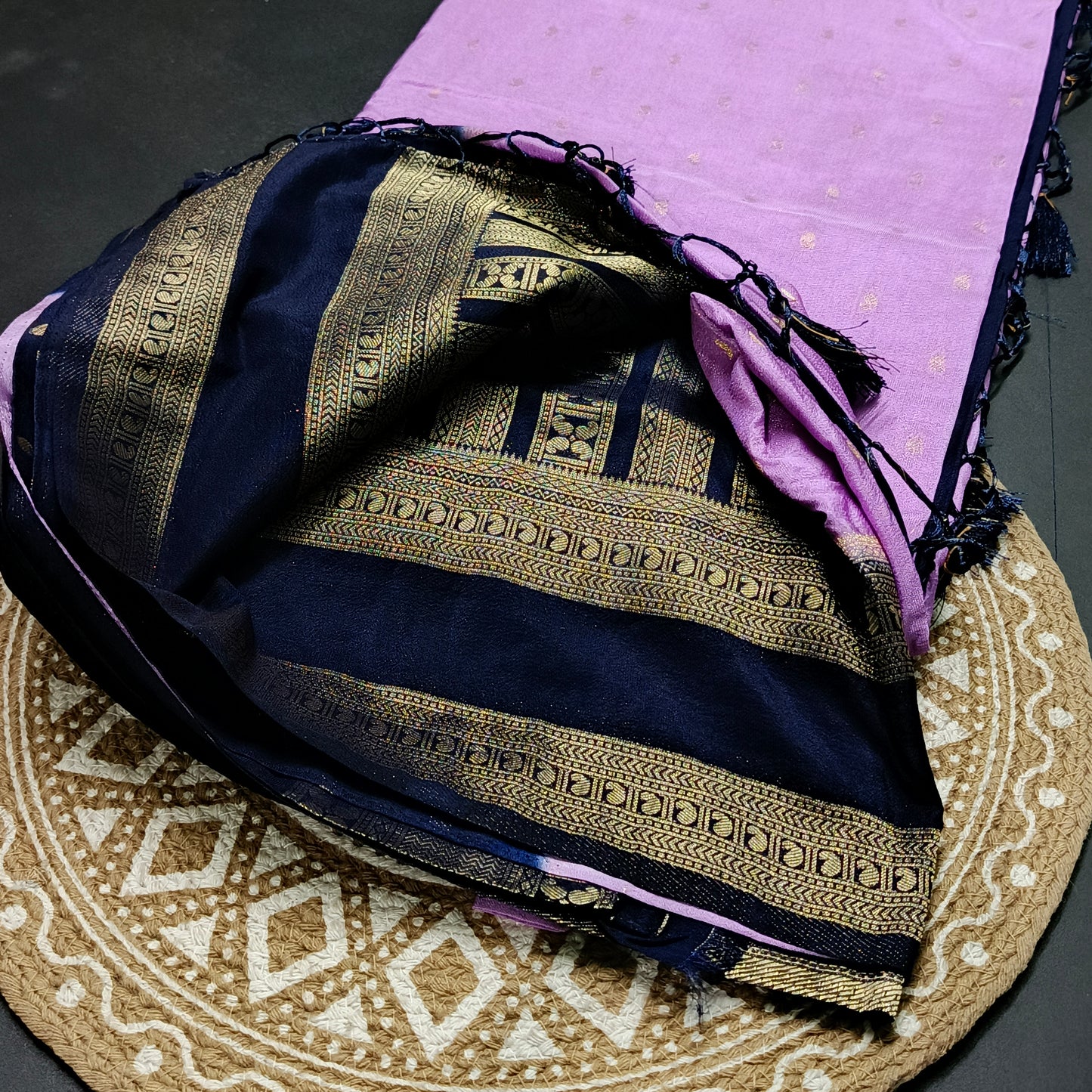 Lavender Navy Blue  Kairika Vegan Viscose Crepe Silk Saree MA25169