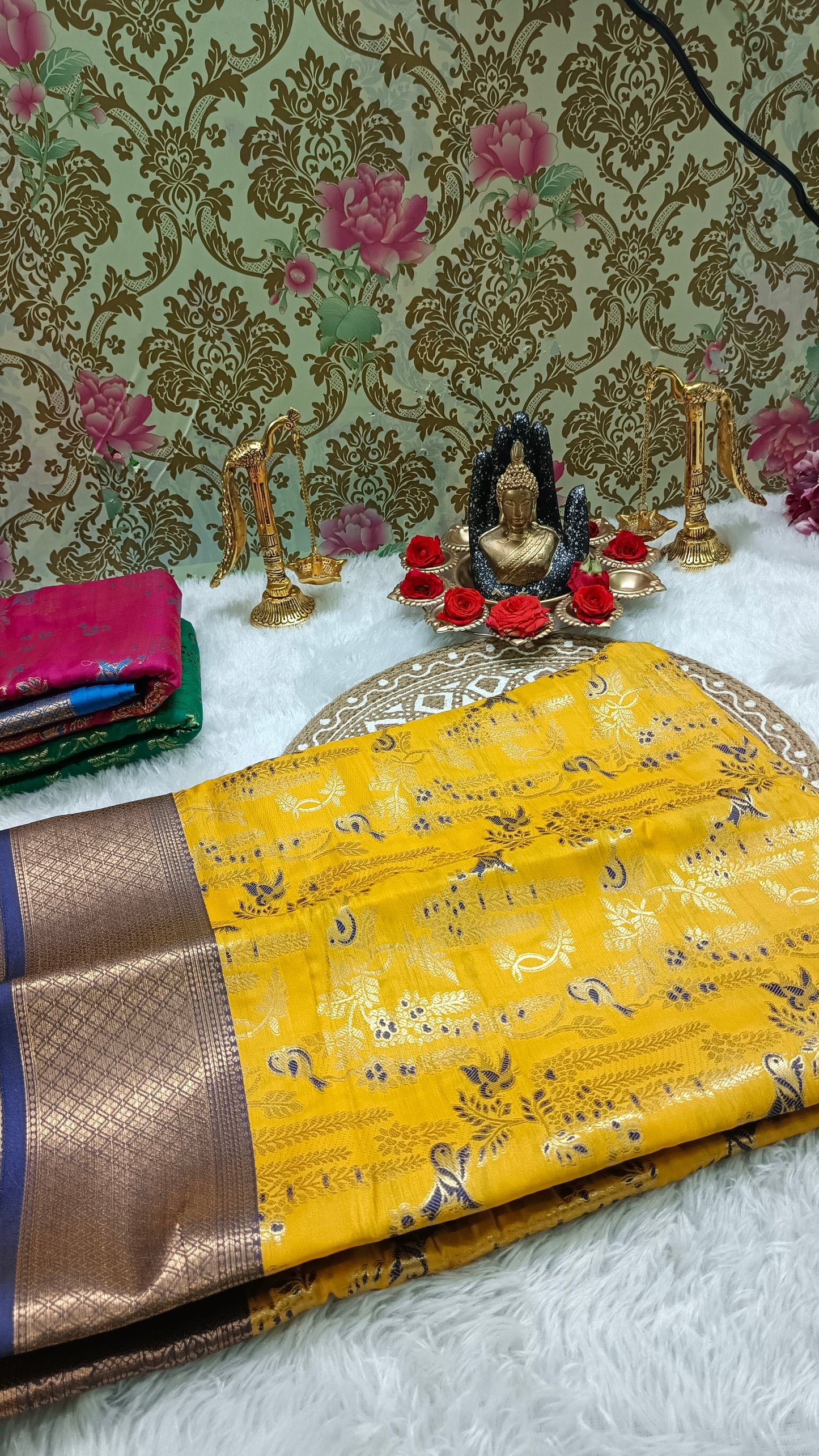 Yellow with blue Raj Nandhini Vegan kanchi silk saree JA25281