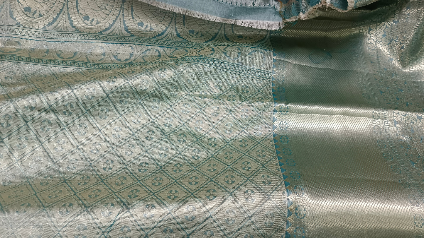 Peacock blue Parijatham Vegan premium kanchi brocade silk saree LA25920