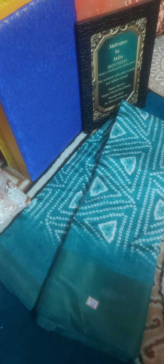Blue bandhini Vegan linen Zari border saree JA26039